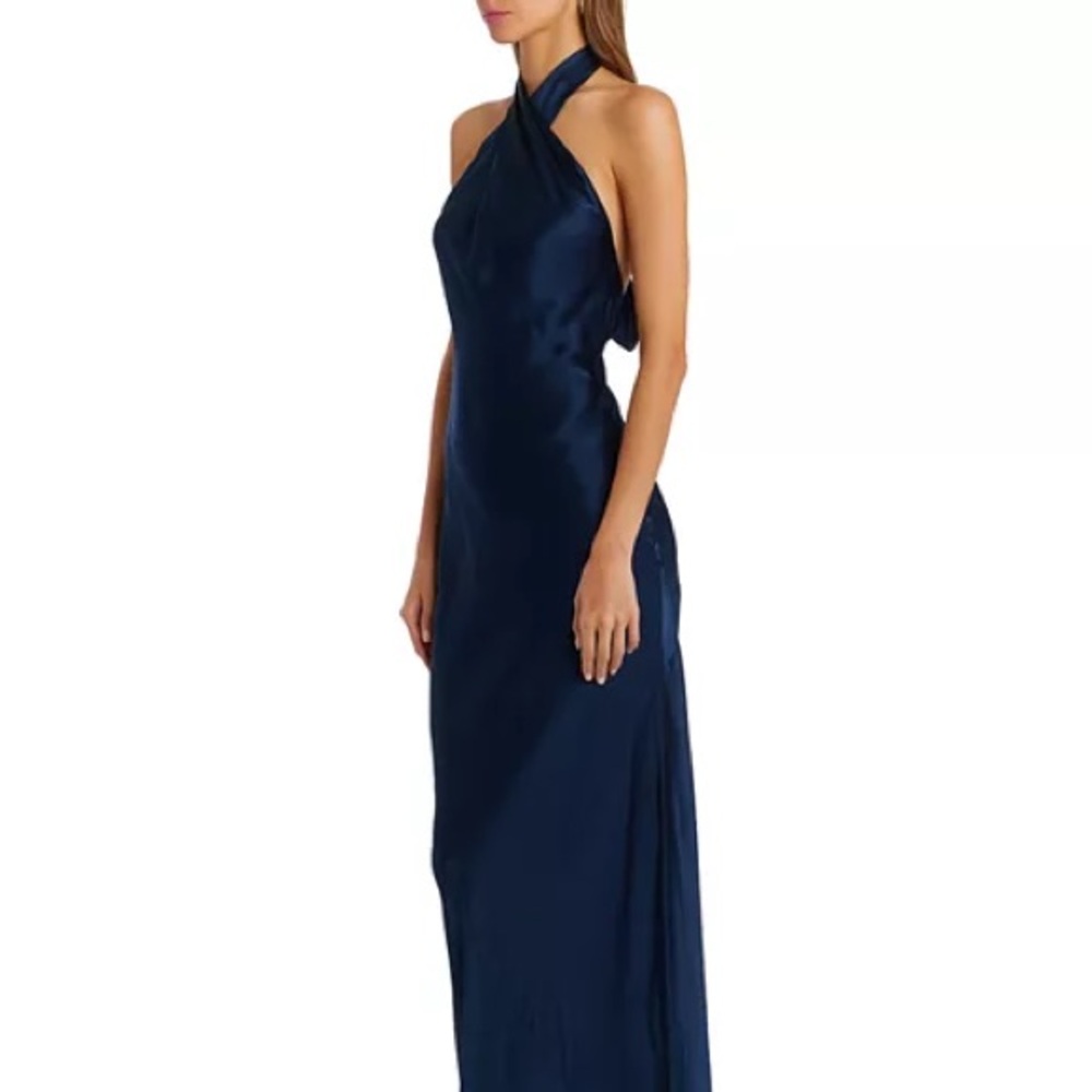 New Amanda Uprichard Jade Silk Dress Navy Maxi Halter Open Back - Picture 2 of 13